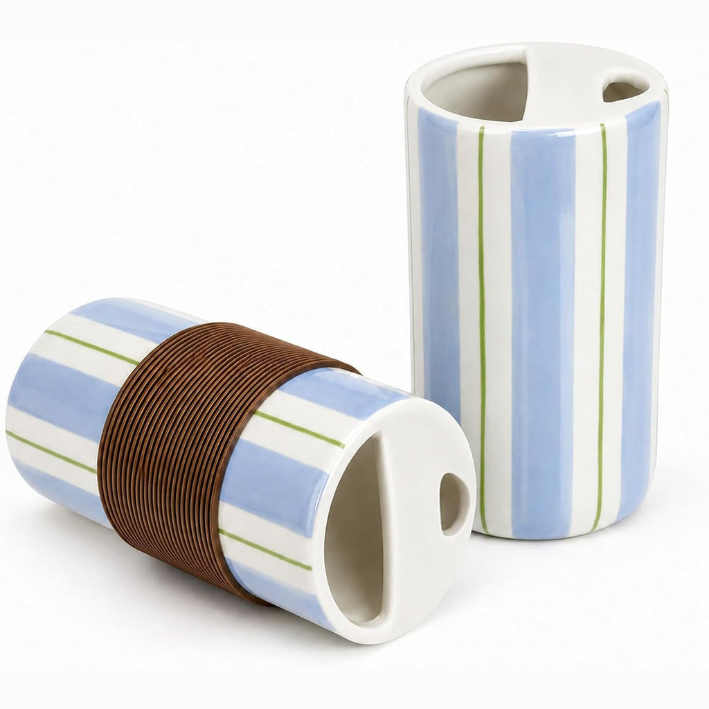 Ceramic to-go mug with sip hole — Blue & Green Stripe
