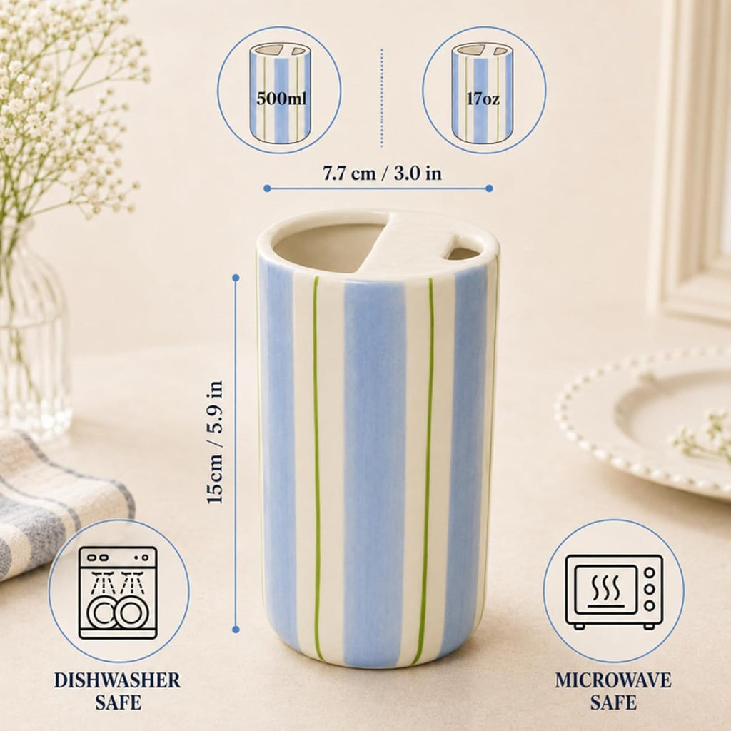Ceramic to-go mug with sip hole — Blue & Green Stripe
