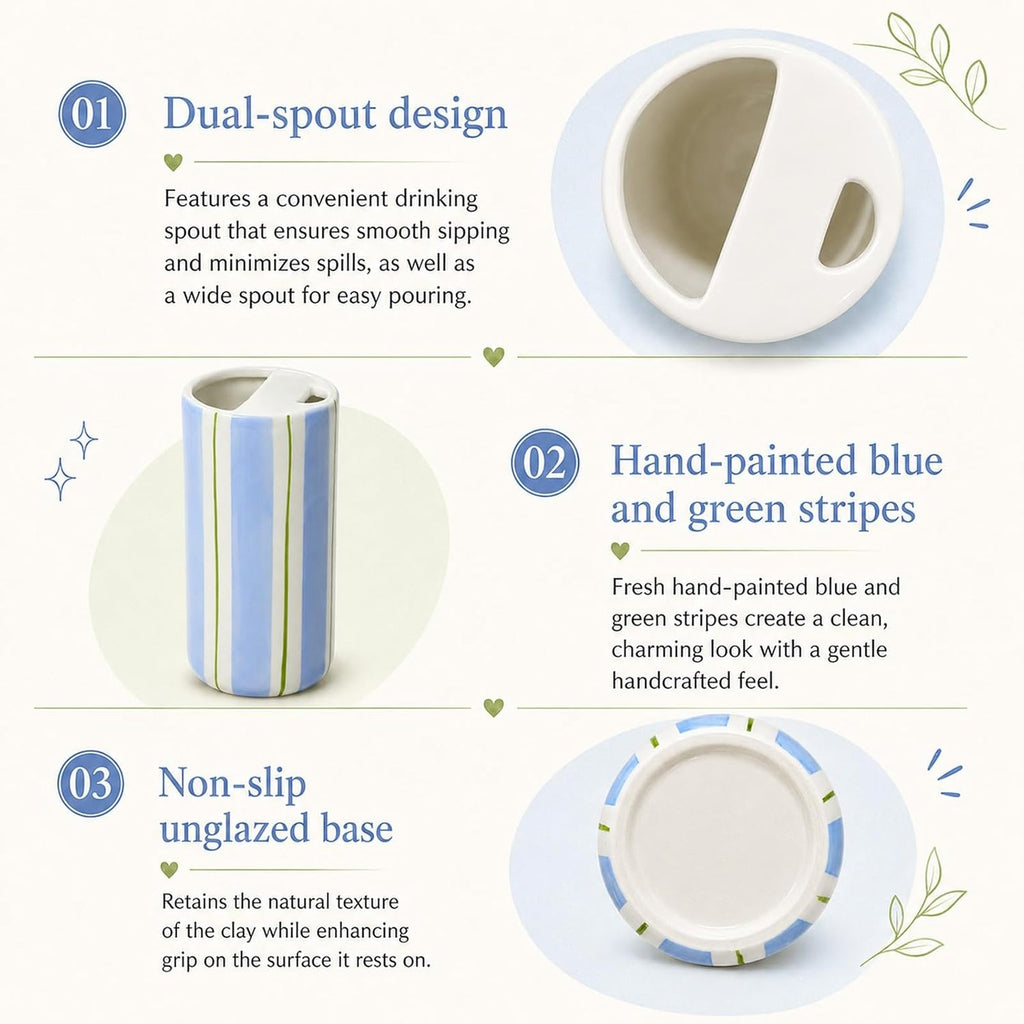Ceramic to-go mug with sip hole — Blue & Green Stripe