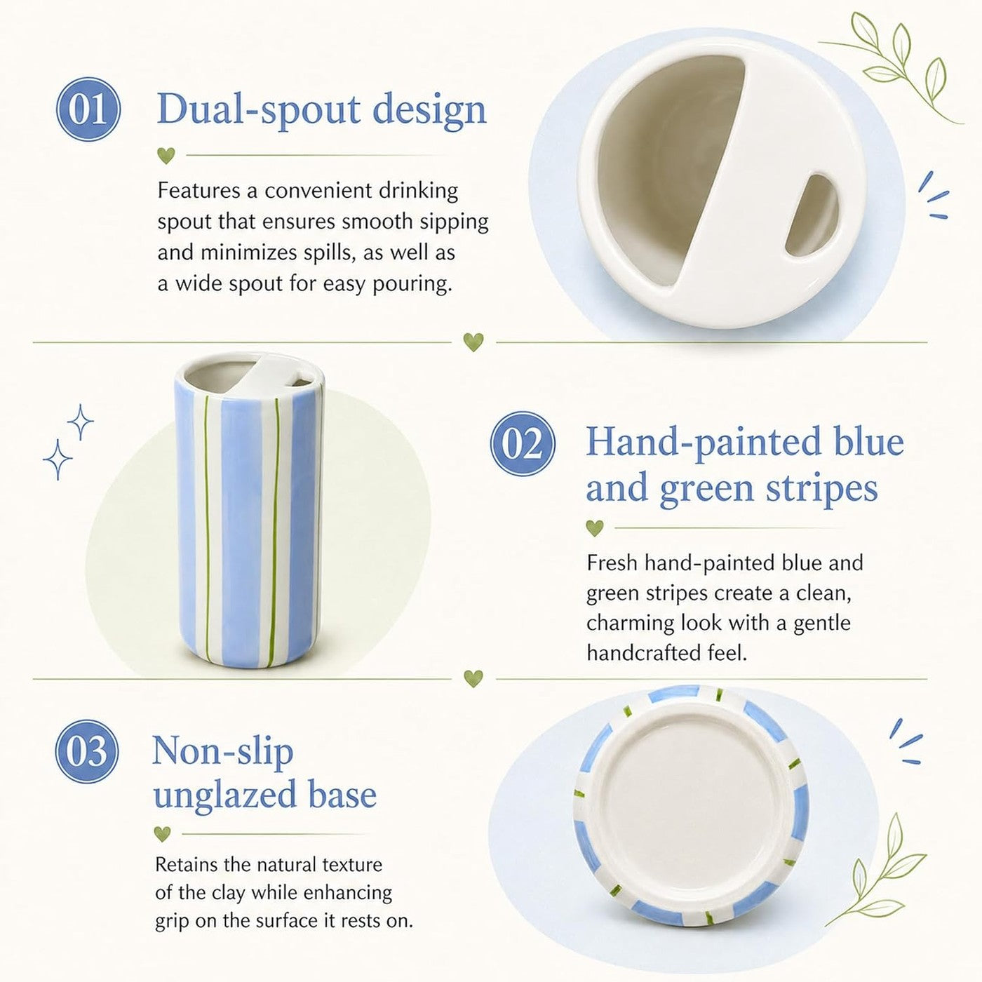 Ceramic to-go mug with sip hole — Blue & Green Stripe