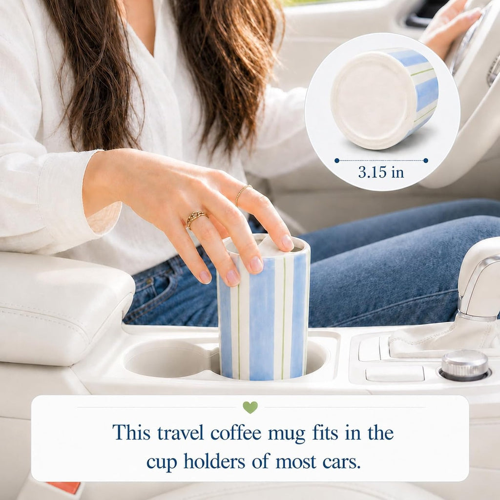 Ceramic to-go mug with sip hole — Blue & Green Stripe