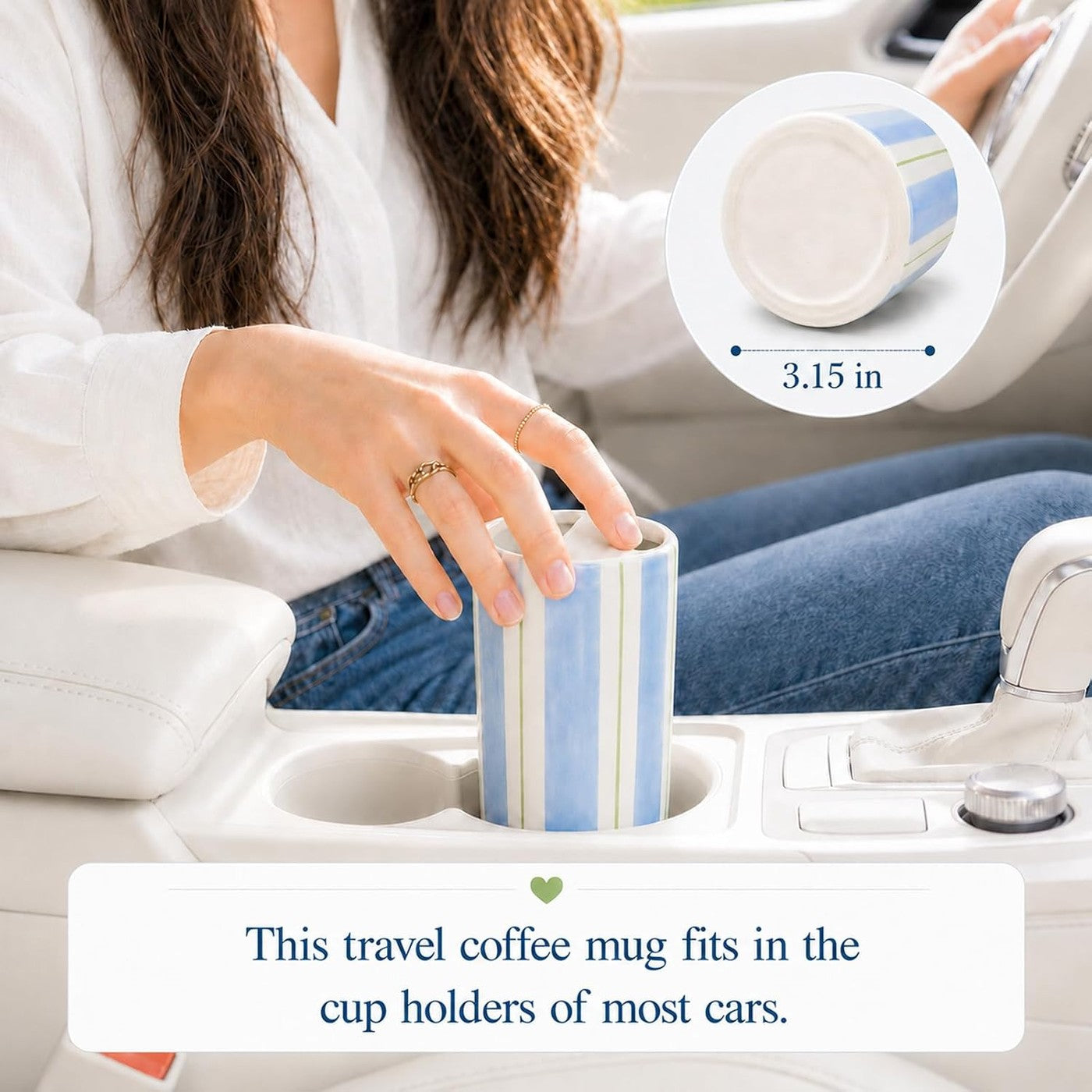 Ceramic to-go mug with sip hole — Blue & Green Stripe
