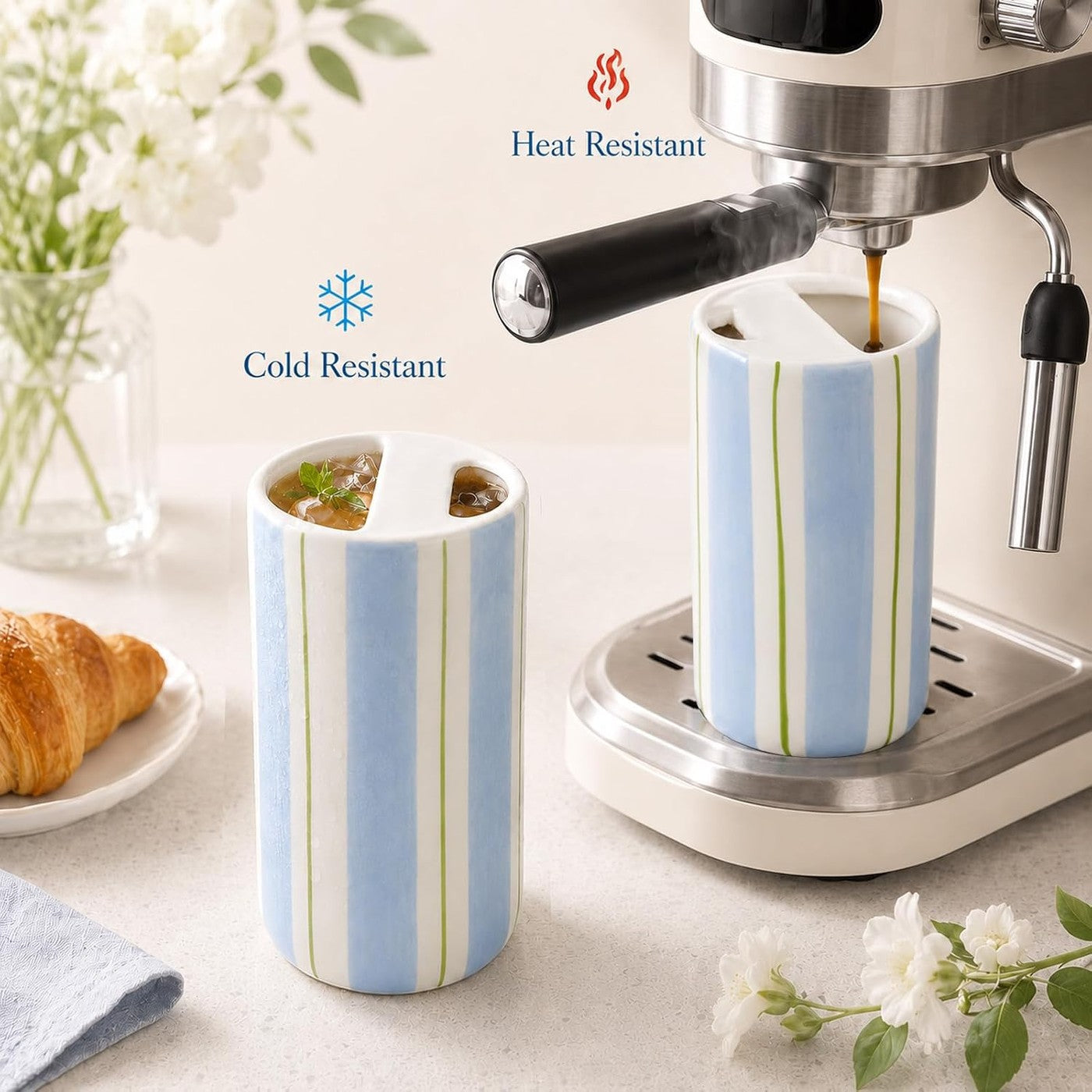 Ceramic to-go mug with sip hole — Blue & Green Stripe