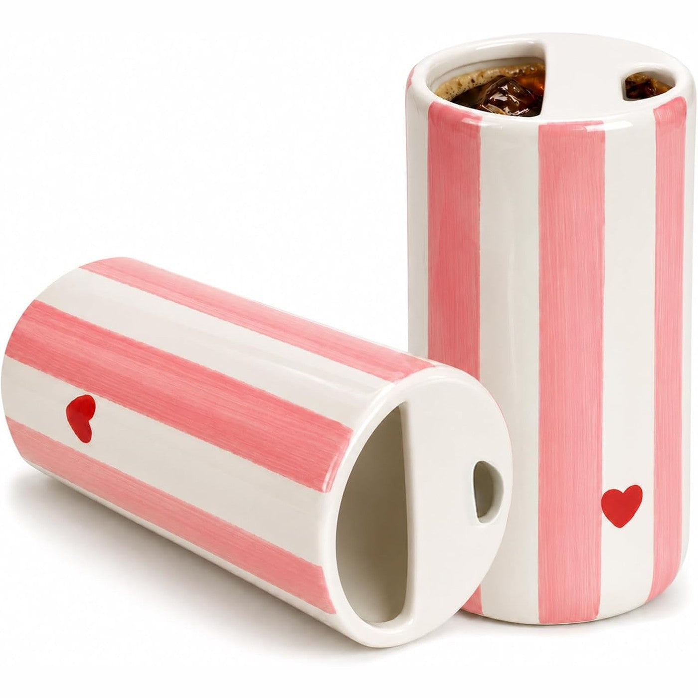 Ceramic to-go mug with sip hole — Blue & Green Stripe
