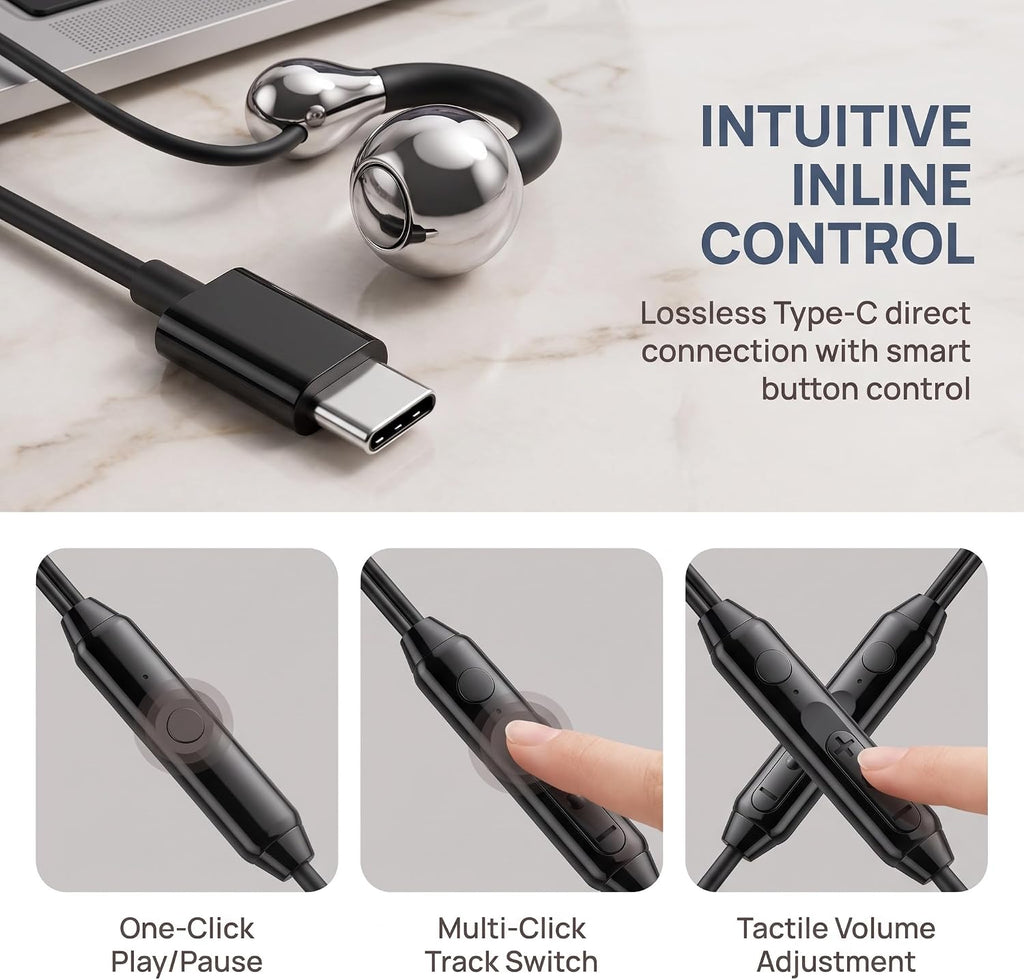 Wired Type-C Ear Clip Earphones · black_control_amzB0HKNH3V94.jpg | Black