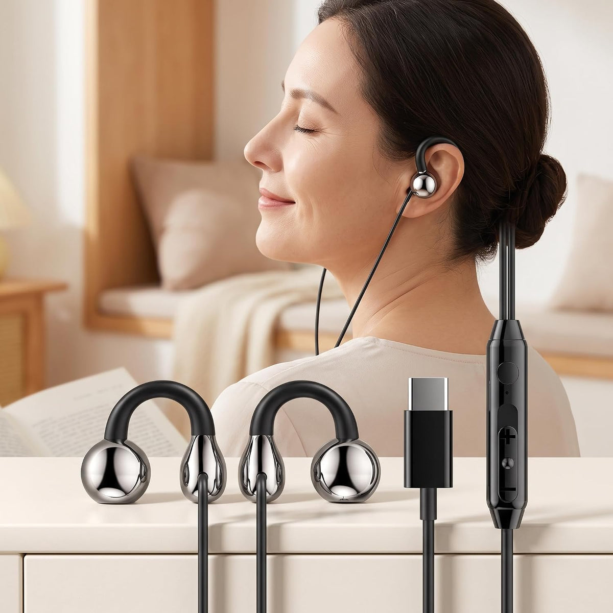 Wired Type-C Ear Clip Earphones · black_worn_amzB0HKNH3V94.jpg | Black