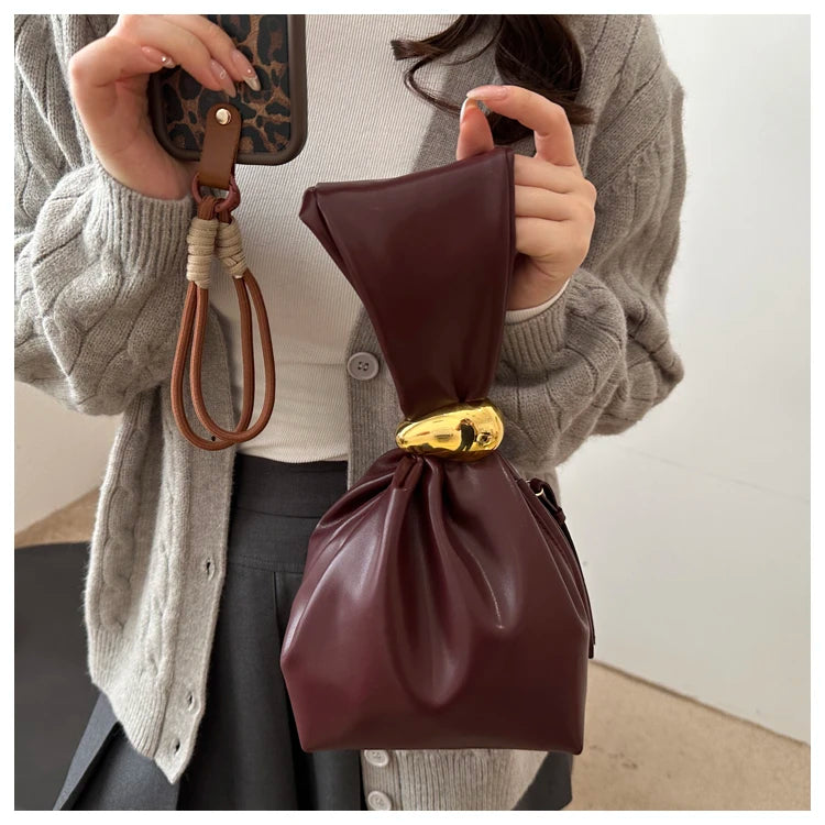 Knot Pouch Leather Bag — Gold Ring