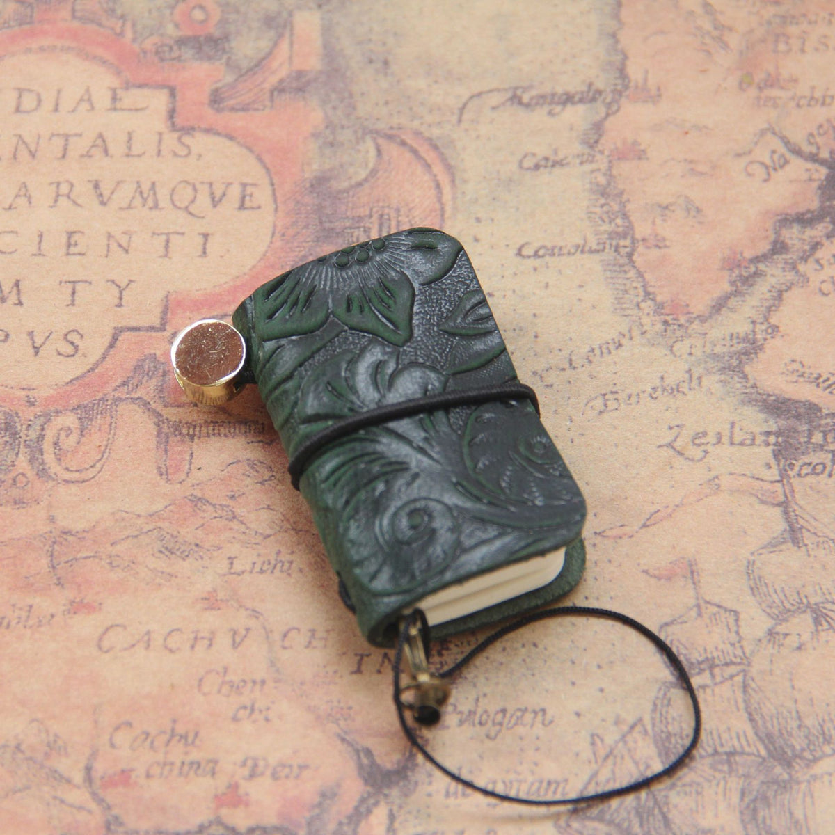 Embossed Leather Mini Notebook Keychain — Black