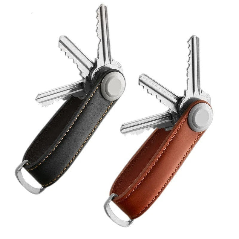 Leather Key Organizer in black and brown, holding keys