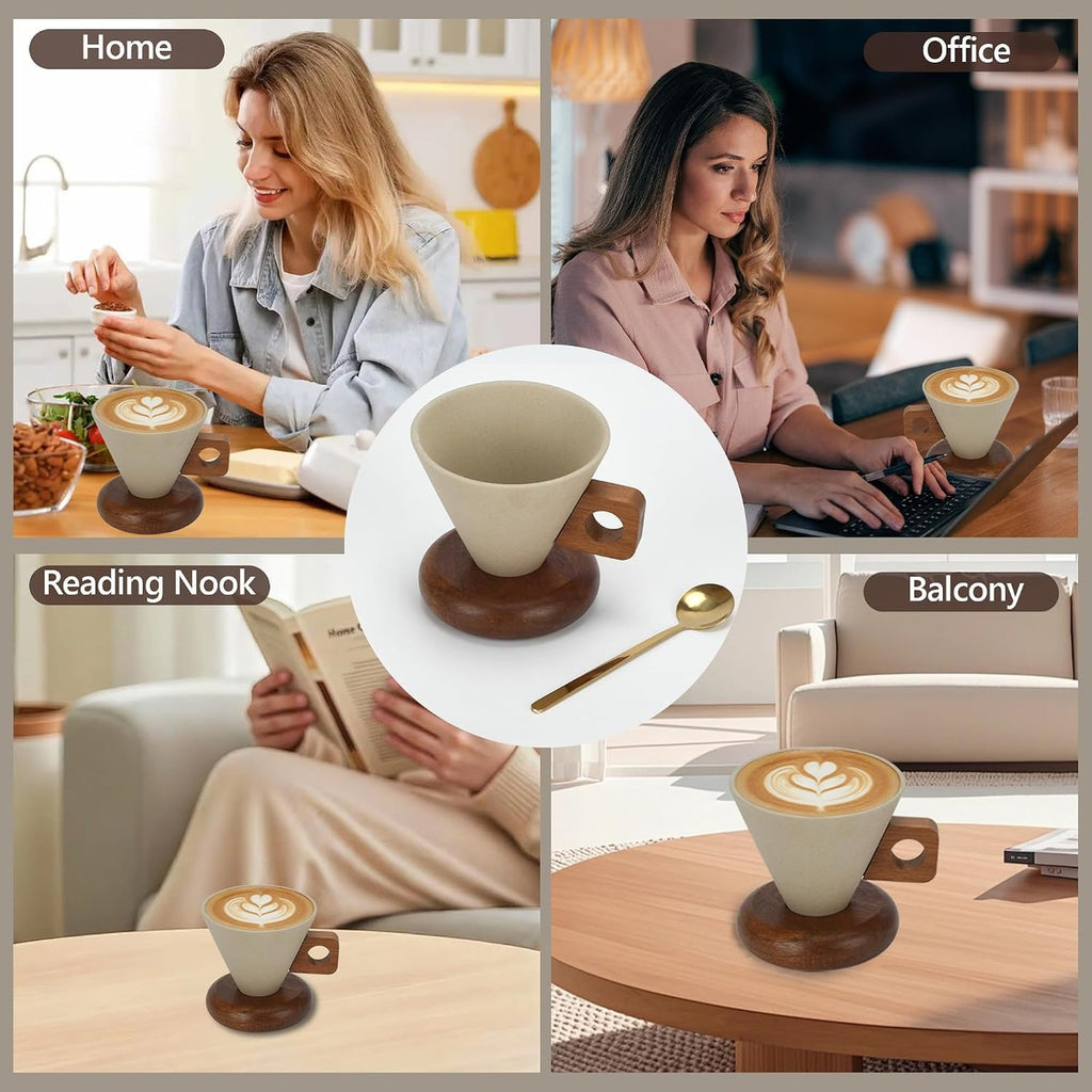 Wabi-Sabi Cone Coffee Cup Set | 2 Cups + 2 Wooden Bases