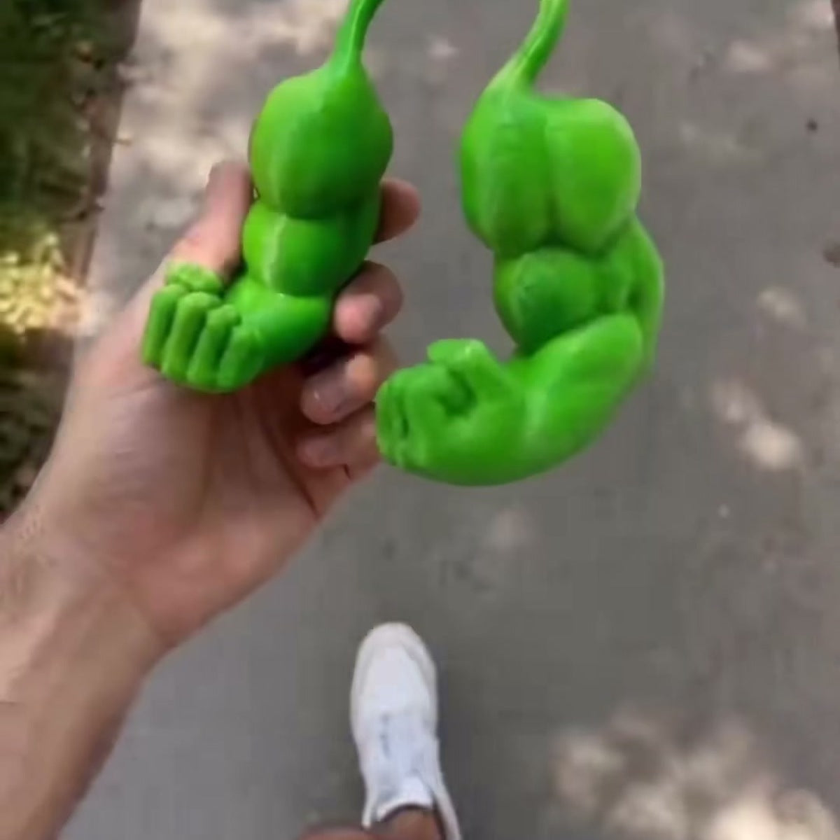 Cat wearing green muscle arms