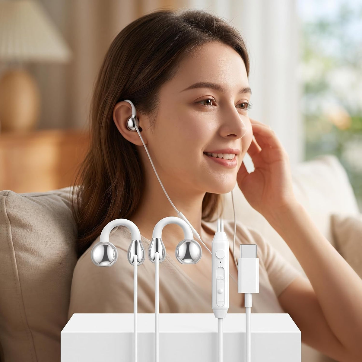 Wired Type-C Ear Clip Earphones · white_worn_amzB0HKNB6WTK.jpg | White
